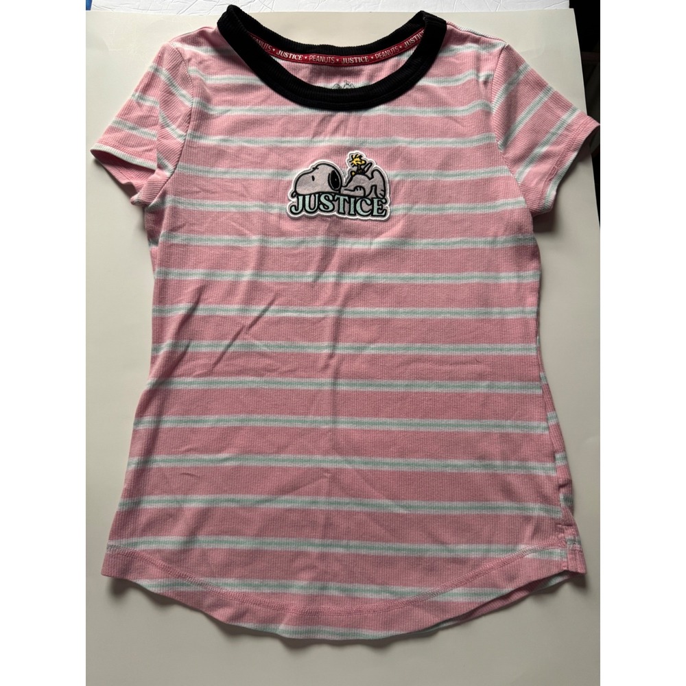 Justice Girls XL 16/18 Peanuts Snoopy Woodstock Ribbed Striped T-Shirt Pink